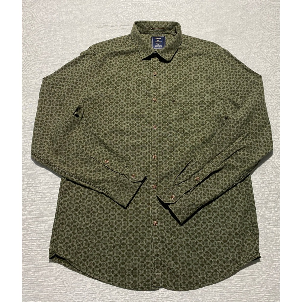 Turtle Sports Club‎ Slim Fit Olive Green Geometric Print Cotton Button Down 42